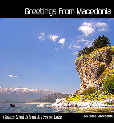 Greetings From Macedonia - Golem Grad Island And Prespa Lake (blue, sky, water, rocks, stones, mountains)