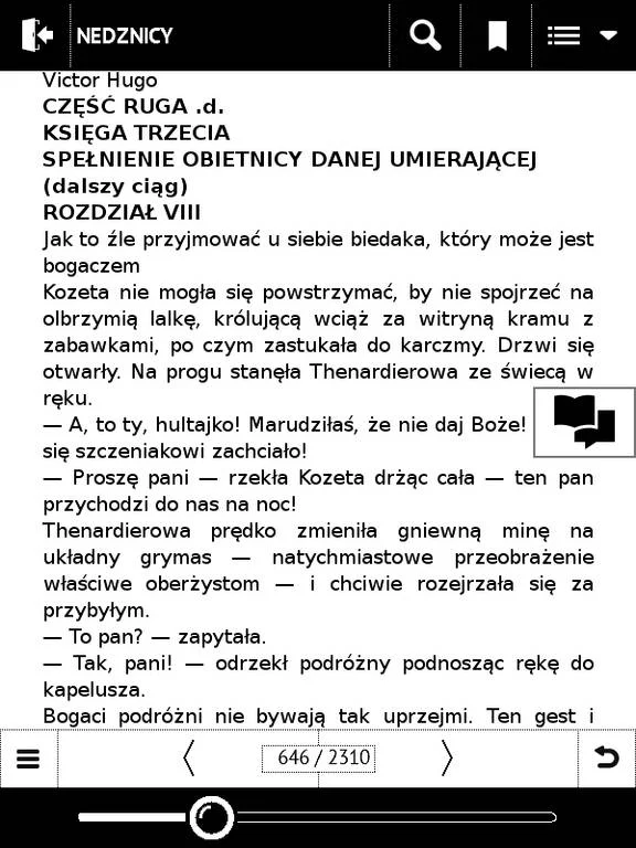 PocketBook Basic Touch 2 Save & Safe – w prawym dolnym rogu widoczny przycisk powrotu do poprzednio wybranego miejsca w tekście