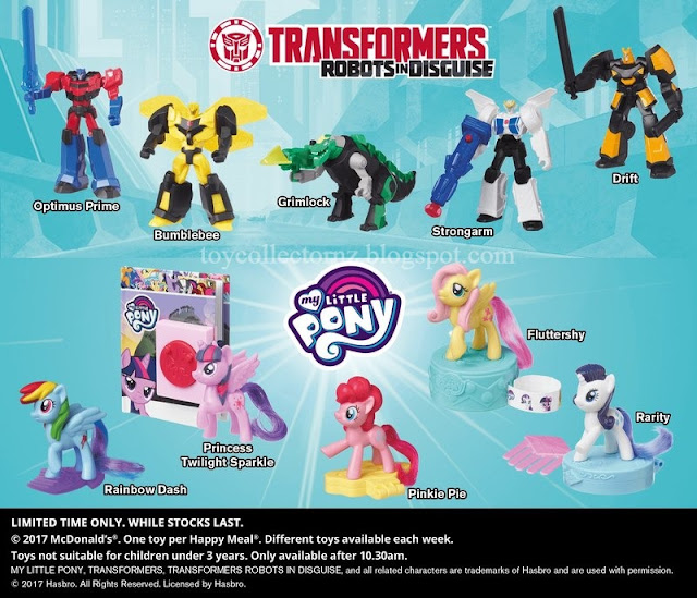McDonalds Transformers Robots in Disguise Happy Meal Toys 2017 Australia and New Zealand Optimus Prime, Bumblebee, Strongarm, Grimlock and Drift and McDonalds My Little Pony 2017 Happy Meal toys Rainbow Dash, Rarity, Princess Twilight Sparkle, Pinkie Pie and Fluttershy