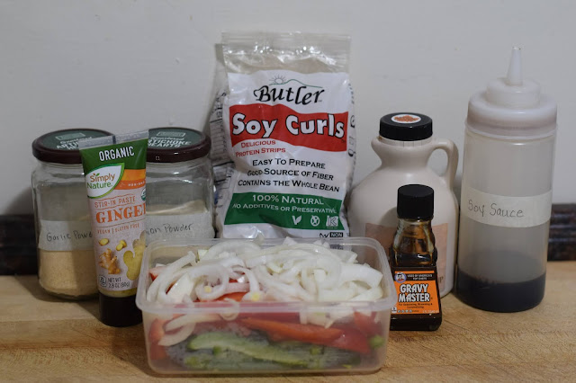 The ingredients needed to make the soy curl pepper steak recipe.