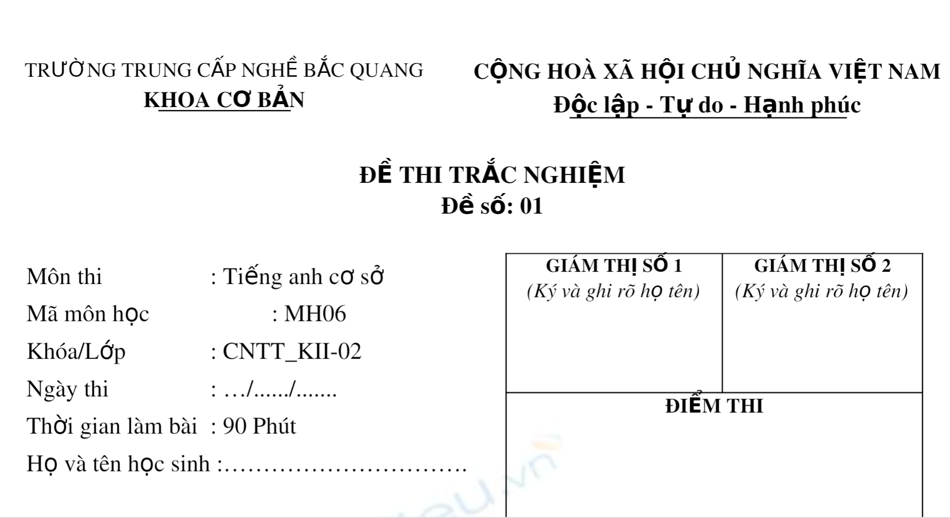 Đề thi trắc nghiệm môn Tiếng Anh cơ sở (Mã đề 01)