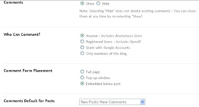 Blogger Comment Form Placement - Select Embedded Below Post