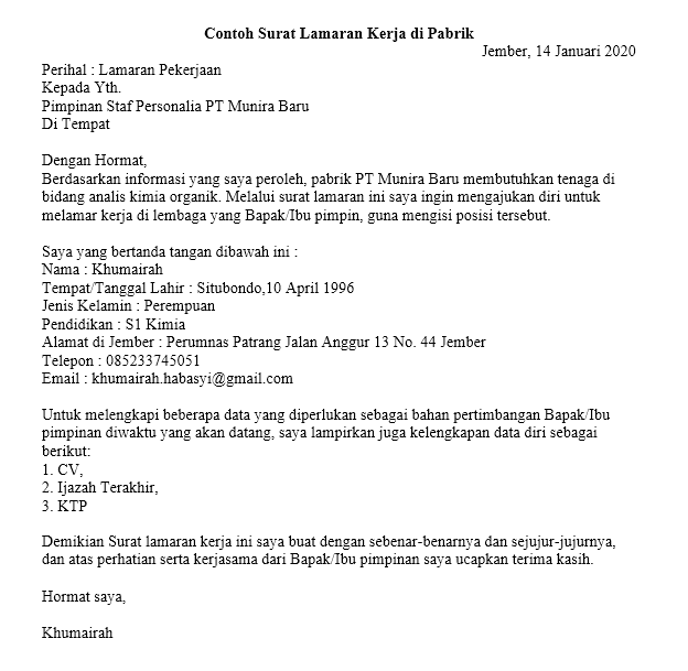 Contoh Surat Lamaran Kerja di Pabrik