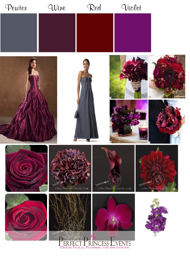 The colors of the wedding were pewter burgundy wine and touches of purple 