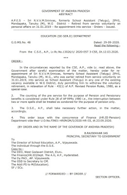 A.P.E.S – Sri  R.V.V.M.Srinivas,  formerly  School  Assistant  (Telugu),  ZPHS, Mandapaka, Tanuku (M), W.G   District  – Retired from  service voluntarily  on personal  affairs  on  31.01.2019  – Re-appointment into  service  - Orders  – Issued.  