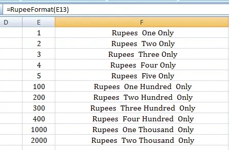 numbers to words in Indian rupees in excel