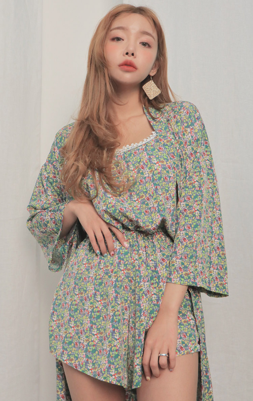 Thin Self-Tie Strap Floral Print Robe