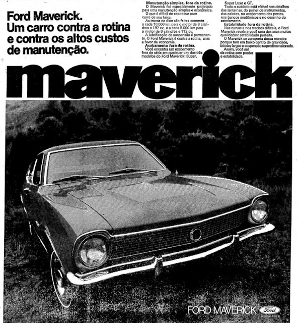 Propaganda do Ford Maverick, em meados dos anos 70: economia e imponência em destaque