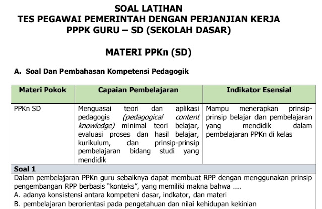 Soal Tes Latihan Seleksi Guru PPPK PPKn Untuk SD