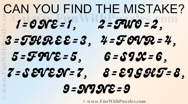 CAN YOU FIND THE MISTAKE? 1=ONE=1, 2=TWO=2, 3=THREE=3, 4=FOVR=4, 5=FIVE=5, 6=SIX=6, 7=SEVEN=7, 8=EIGHT=8, 9=NINE=9