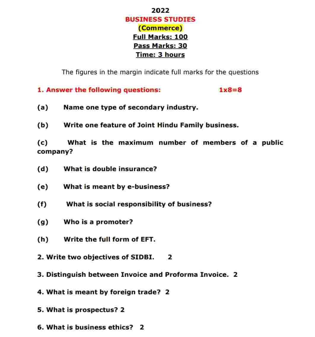 H.S First Year Business Studies Question Paper 2022 | AHSEC Class 11 Business Studies Question Paper 2022 PDF