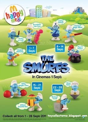 McDonalds Smurfs Toys 2011 Malaysia 10 toy set includes Vanity in Love, Singing Harmony, Smurfette Hair Care, Gutsy Magic Wand, Papa's Potion, Clumsy's Magic Wand, Dizzy Baker, Brainy's Toast, Hefty Weight Lifter and Jokey's Surprise Box