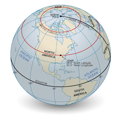 A globe showing the latitudes of the Arctic Circle and John Glenn Astronomy Park
