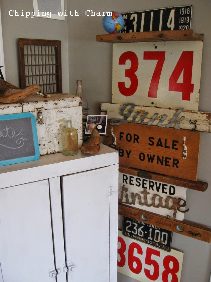 Chipping with Charm:  Junkers United, Crazy Signs and Hooks Wall...http://www.chippingwithcharm.blogspot.com/