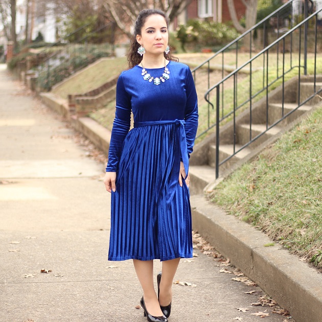 Blue Velour Pleated Dress