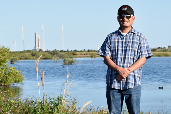 At Canaveral National Seashore with NASA's Space Launch System rocket sitting on Kennedy Space Center's Pad 39B behind me...on March 27, 2022.