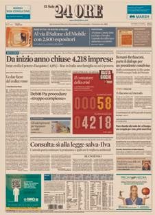 Il Sole 24 Ore del 10 Aprile 2013 | ISSN 0391-786X | PDF HQ | Quotidiano | Economia | Finanza | Politica
Il Sole 24 Ore è il quotidiano economico più venduto tra quelli pubblicati in Italia e il terzo giornale d'informazione più venduto nel paese dopo il Corriere della Sera e La Repubblica.
La testata nacque il 9 novembre 1965 dalla fusione di due quotidiani: Il Sole, fondato nel 1865, e 24 Ore, nato nel 1946.