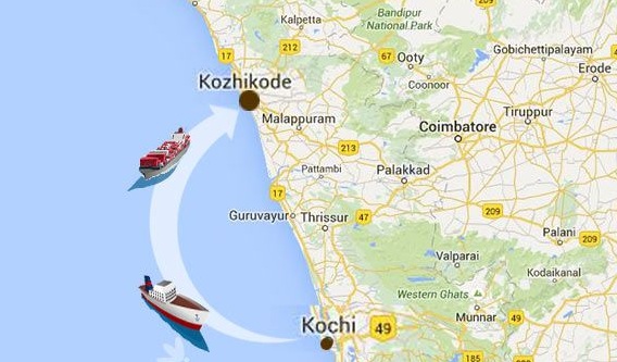 Daily Non Stop Passenger Cum Tourist Ship Service from Cochin to Calicut and Return, Cochin to Calicut Ship Journey Route