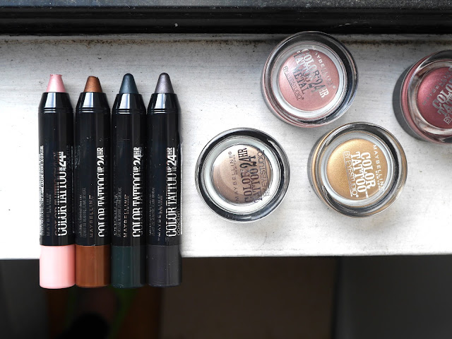 Maybelline Color Tattoo Concentrated Crayon Pink Parfait, Creamy Chocolate, Audacious Asphalt and Charcoal Chrome Review