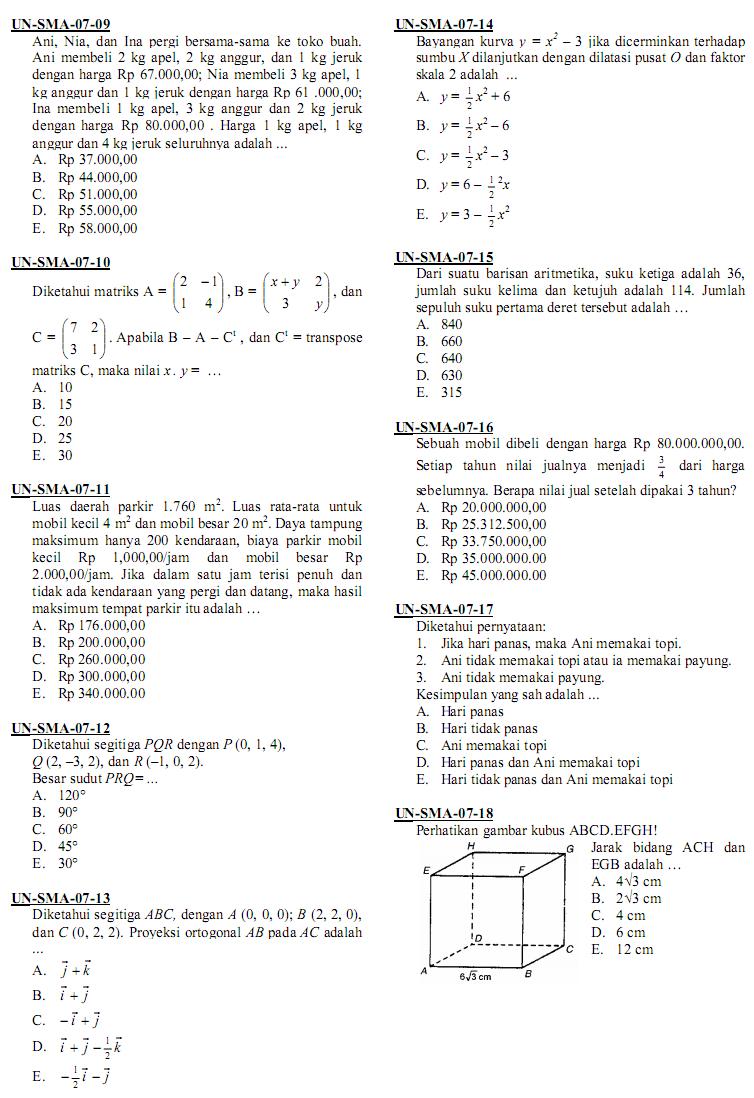 Matematika Di Sma Soal Ujian Nasional Un Matematika Ipa Sma Ma 2007