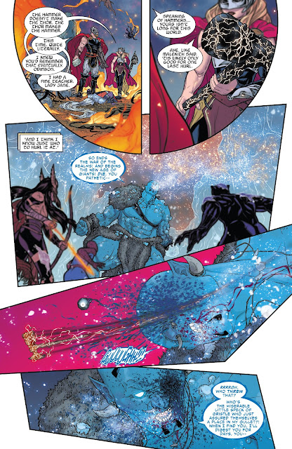 Jane Foster hits Laufey with her hammer and Laufey loses one of his eye in War of the Realms Issue #6.