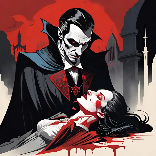 conde drácula é um homem vampiro perverso que morde pescoço de uma mulher que dorme lânguidamente em um altar de pedra. arte sombria com cores vibrantes e dramáticas, roseiras com espinhos, morcegos e lobos