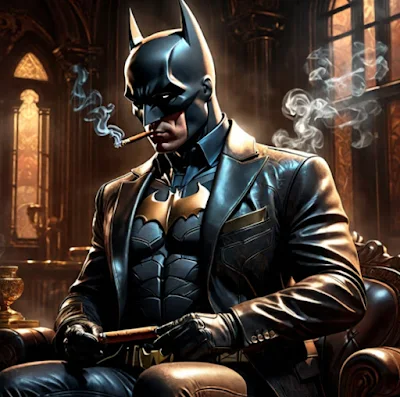 Batman wearing a black leather suit over top of his suit smoking a cigar sitting in the library