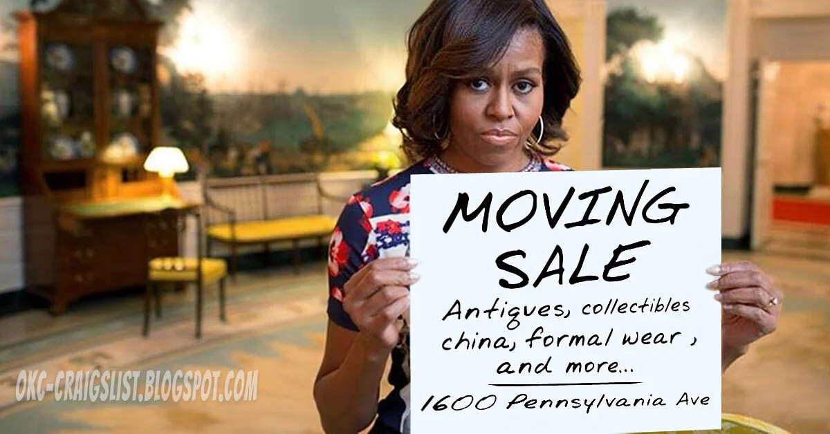 Michelle Obama holding funny Moving Sale sign