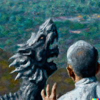 Man concentrating on dragon statue