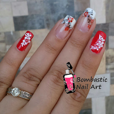 Red Flower Nail Art with Water Decals