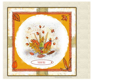 A picture showin how the "Autumn bounty card would look made up as a thank you card. The card features a watercolour leaf arragement on the front, and rich autumnal reds, golds and oranges.