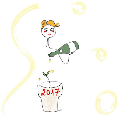 bonne année, 2017, champagne, voeux, souhaits, champagne only, arroser les plantes, agathe, dessin, illustration, illustratrice, bonheur, joie, nouvelle année, nouvel an