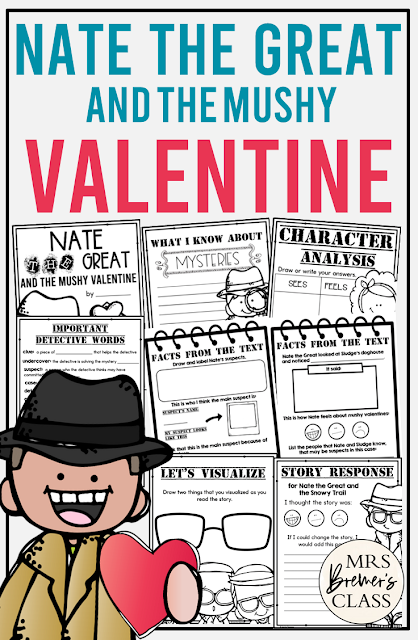 Nate the Great and the Mushy Valentine book activities unit with literacy printables and reading companion activities for First Grade and Second Grade