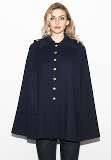 Vintage 1970's navy blue wool military style cape with front gold button closure.