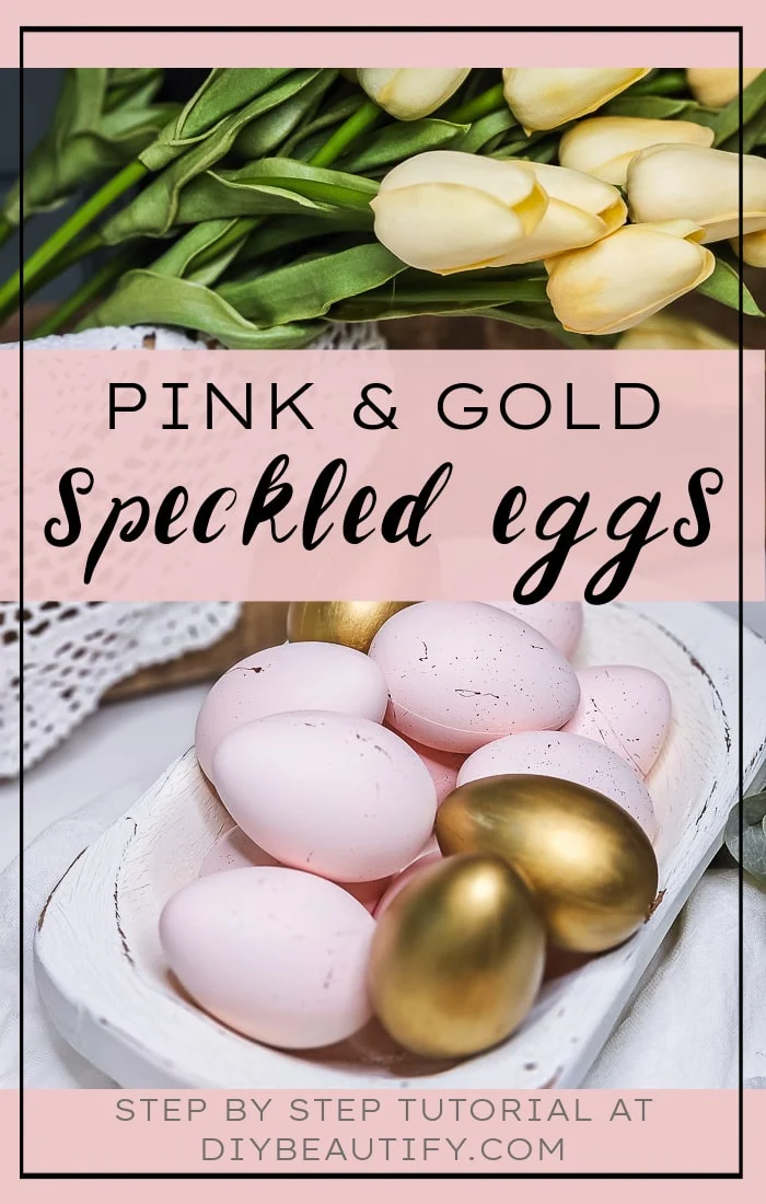 pink and gold speckled eggs in rustic white bowl