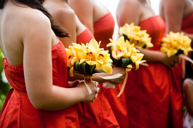 Fall Bridesmaid dresses colors wedding Yellow Cymbidum Orchid Bouquet