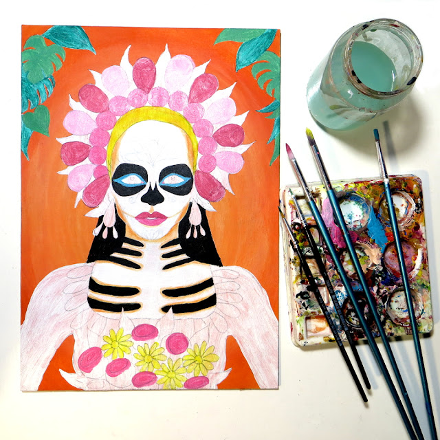 My newest acrylic painting is a portrait of La Calavera Catrina or a sugar skull girl. Catrina, a skeleton woman dressed in nice clothes, is the icon for the Mexican holiday, Day of the Dead (Día de Muertos). Read on to learn about the painting process or watch the time lapse video.