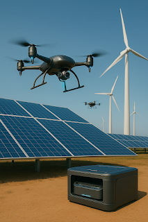 Futuristic AI drones inspect solar panels and wind turbines.