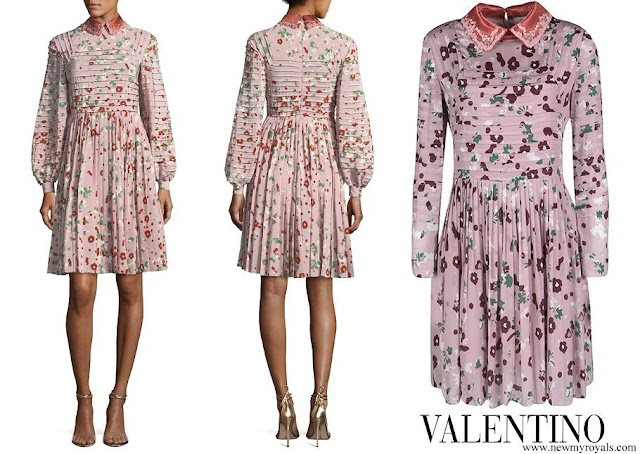 Princess Madeleine wore Valentino Pink Floral Print Contrast Applique Collar Pintuck Detail Dress
