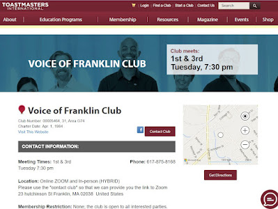 Next meeting for the Toastmasters Club "Voice of Franklin"  - January 2, 2024 at 7:30 PM