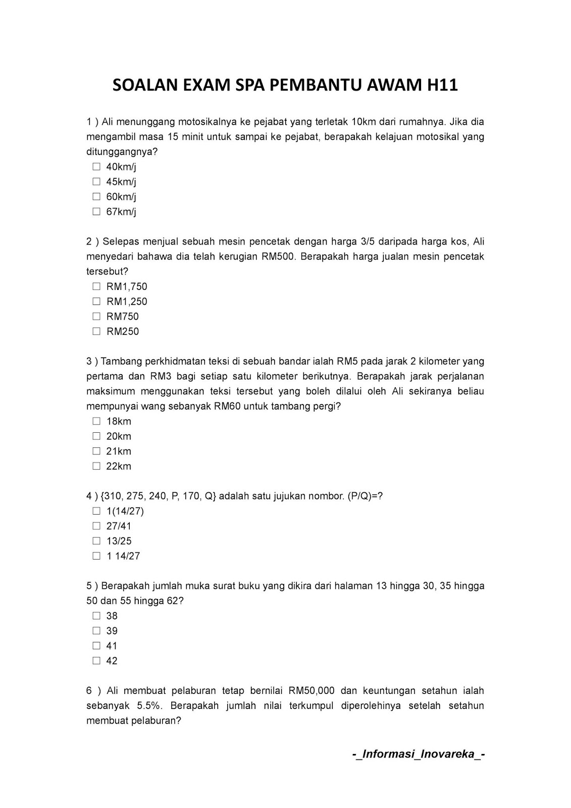 Contoh Soalan Peperiksaan SPA Pembantu Awam H11 (KKM) 2019 