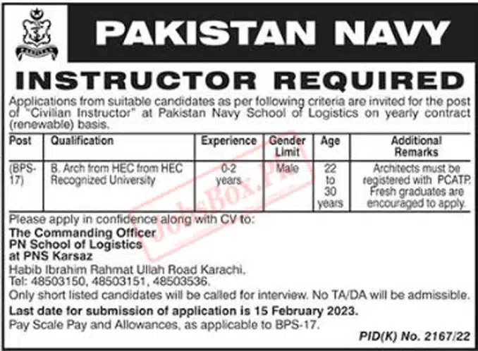 Civilian Instructor Recruitment|Join Pakistan Navy Civilian Jobs 2023