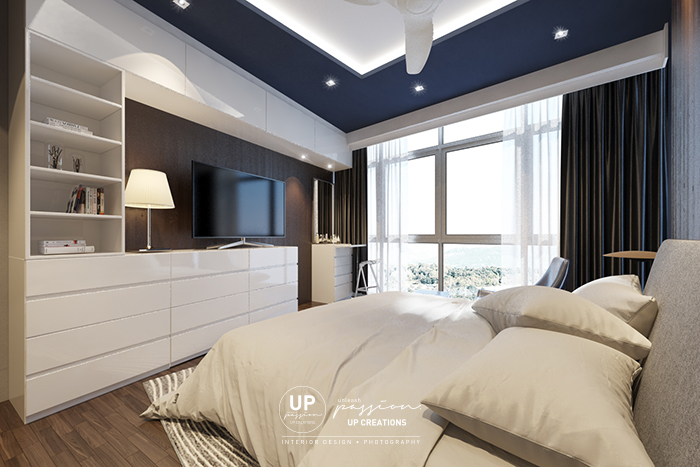 twins damansara heights condo master bedroom with full white tv console cum storage cabinet, dresser with dark blue color ceiling and bedhead wall