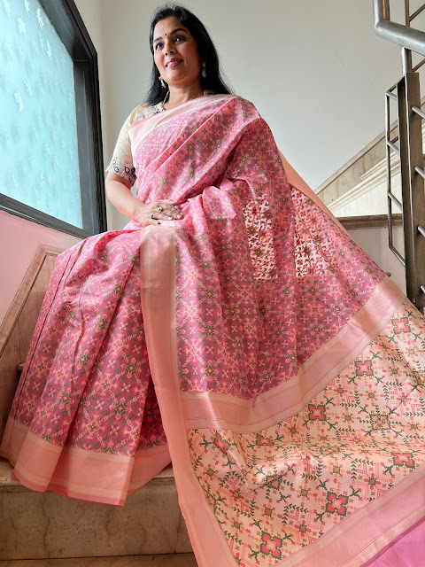 Graceful Whispers: The Pink Banarasi Cotton Saree Adorned with Navratan-inspired Patola Designs