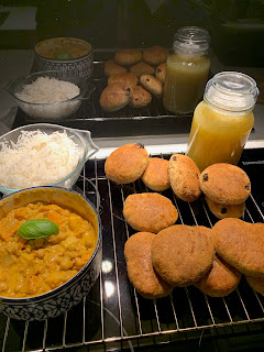 Here's a pic of what I've been making: curry vegetables and rice, bread rolls, sultana scrolls and a jar of stewed apples.