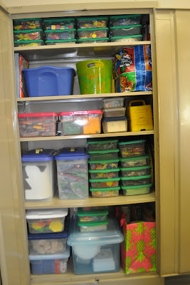 The manipulatives are stored inwards clear containers Barrow's Hodgepodge Math Storage