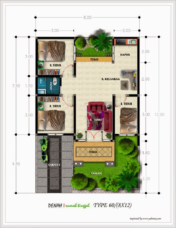 Contoh Desain Denah Rumah Minimalis Tipe 60