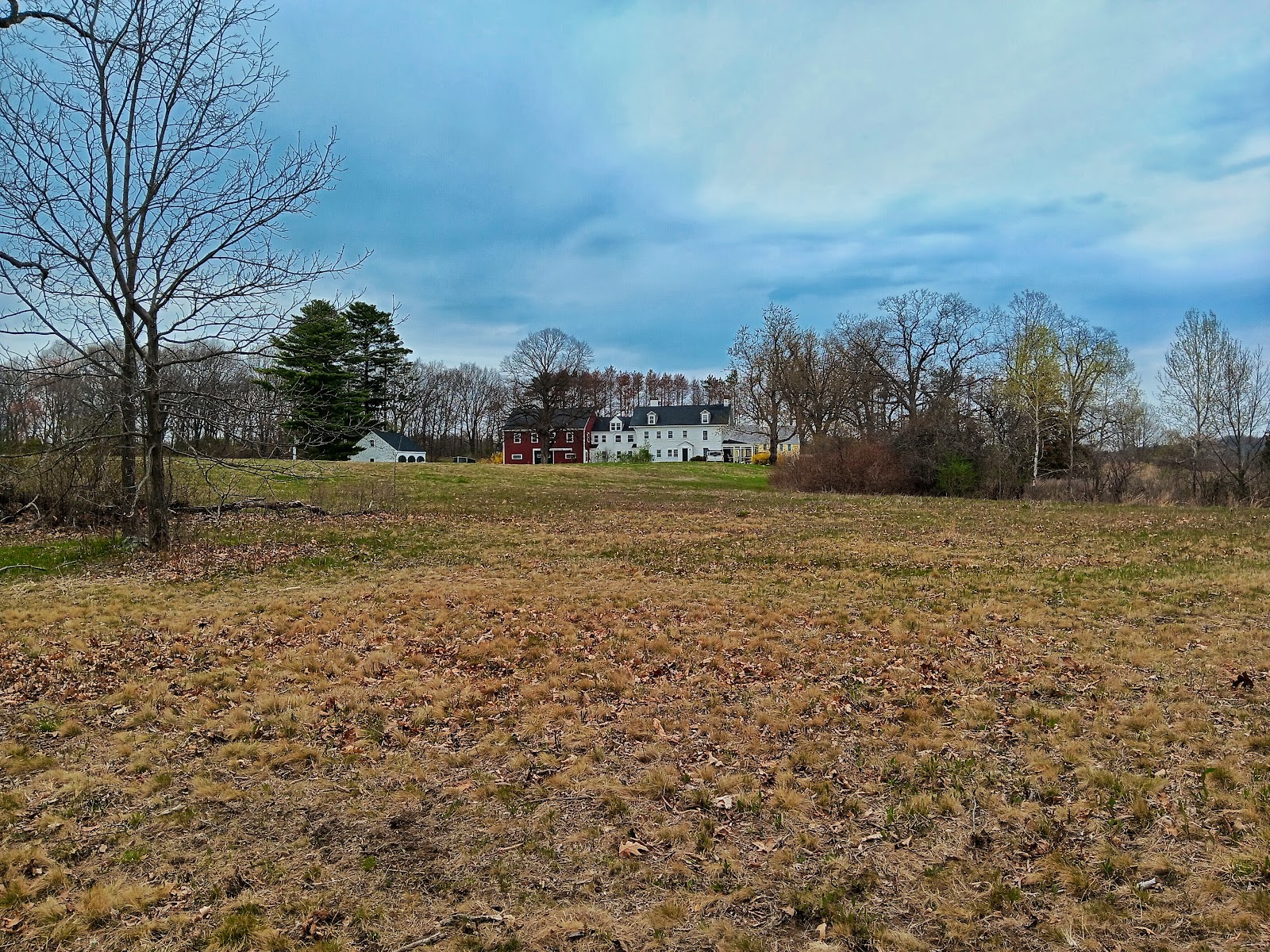 Dodge House from the Front Across a golden-brown field is the white house connected to the red house. In the back left is another white building matching the white house, probably a shed.
