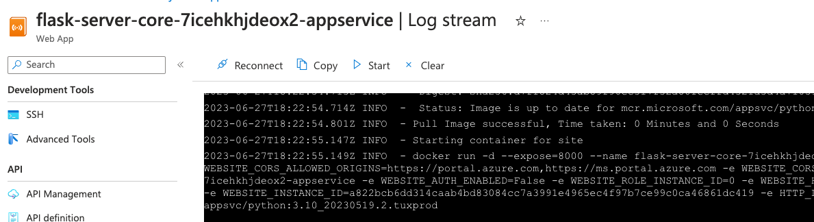 Screenshot of Log stream in App Service