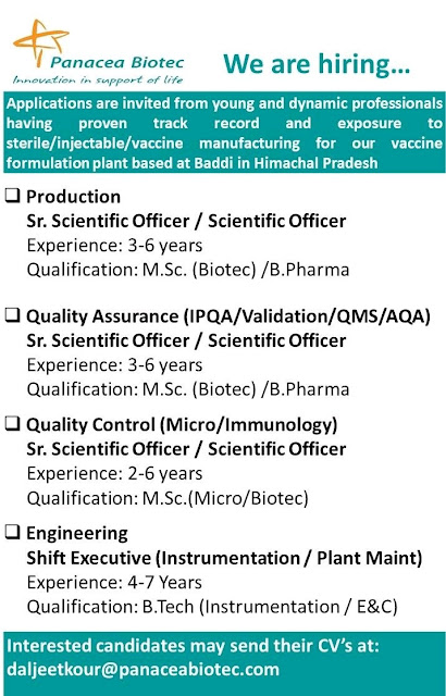 Job Availables, Panacea Biotech Job Vacancy For Production/ QA( IPQA/ Validations/ QMS/ AQA) QC/ Engineering